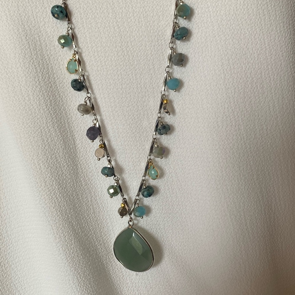 Nakamol Inca Natural Stone Layering necklace, silver tone, green tone stones